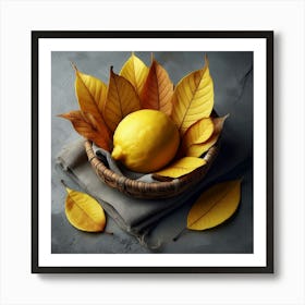 Lemon In A Basket With Autumn Leaves Art Print