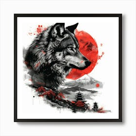 Wolf With Red Sun Art Print