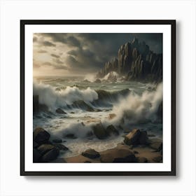 Ocean Waves Coast Storm Clouds Cliff Beach Art Print