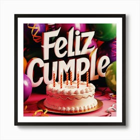 Feliz cumple and Feliz cumpleaños sign means Happy Birthday in Spanish language, Birthday party celebration gift with birthday cake candle colorful balloons best congratulation over light background wall artFeliz Cumple 39 Art Print