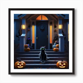 Halloween Cat In Front Of House 2 Art Print