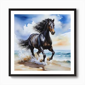 Black Horse On The Beach Art Print