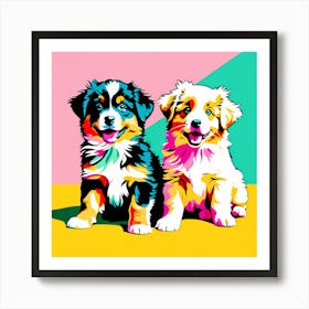 'Australian Shepherd Pups' , This Contemporary art brings POP Art and Flat Vector Art Together, Colorful, Home Decor, Kids Room Decor, Animal Art, Puppy Bank - 14th Art Print