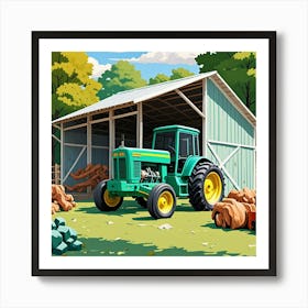 Green Tractor By Shed Cubism Style Art Print