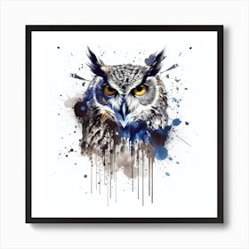 Vibrant Owl With Blue Ink Splash Effect Art Print