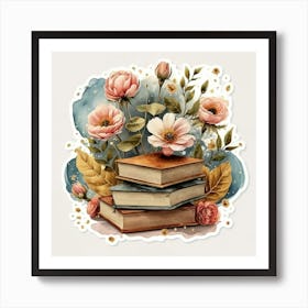 Best books and flowers on watercolor background 10 Art Print