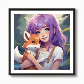 Cute Girl With Fox Art Print