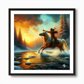 Mountain Man Shooting Bow Crossing Stream Copy Art Print