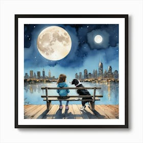 Dog And Girl Watching The Moon Art Print