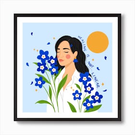 Serene Woman With Blue Flowers, Healing Is Not Linear Art Print