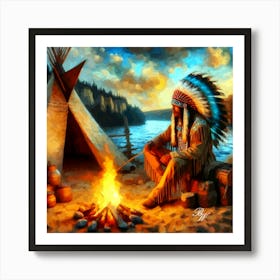 Oil Texture Native American Indian By A Campfire 4 Copy Art Print