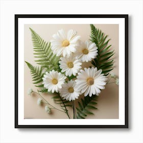 Firefly Delicate Daisy Like Flowers In White, With Fern Accents, On A Smooth Ivory Backdrop 1 Poster