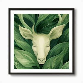 Deer Head In Green Leaves Art Print