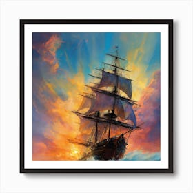 Sailing Ship At Sunset Art Print