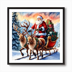 Santa Claus And Reindeer Art Print