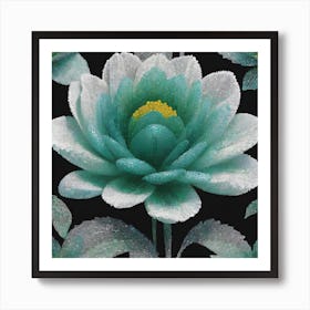 "Crystal Flora"  "Crystal Flora" is an exquisite painting that encapsulates the stunning beauty of a frosted flower, each petal appearing as if it has been kissed by winter's chill. The artwork features an intriguing interplay of textures, with the crystalline effect on the petals creating a sense of depth and dimensionality. The aqua and white tones of the petals contrast strikingly against the dark background, making the bloom's vibrant center stand out with its rich yellow hues. This painting is a celebration of the unique beauty found in nature's quiet moments, capturing the delicate frost that adorns the flower in a realistic yet almost fantastical display.  This piece is a must-have for collectors and enthusiasts seeking a fusion of botanical art and the allure of wintertime. "Crystal Flora" offers a fresh perspective on floral paintings, inviting the viewer to ponder the quiet splendor of nature while adding an element of sophisticated charm to any space. The meticulous detail and captivating textures make it a captivating centerpiece that promises to draw admiration and intrigue from all who view it. Art Print