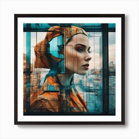 A Woman S Head Shows Through The Window Of A City, In The Style Of Multi Layered Geometry, Egyptian (1) Art Print