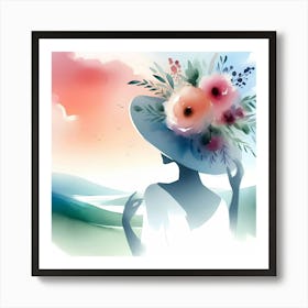 Watercolor Woman With Flowers In Hat Art Print