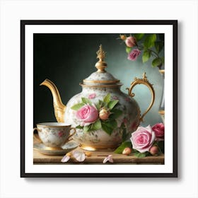 A very finely detailed Victorian style teapot with flowers, plants and roses in the center with a tea cup Art Print