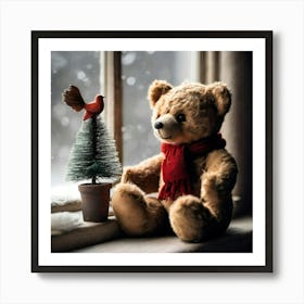 Teddy Bear With Bird On The Christmas Tree Art Print