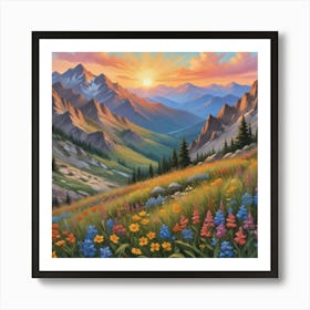 Sunset in the Mountains, Boho Landscape, Wildflowers Art Print 3 Art Print