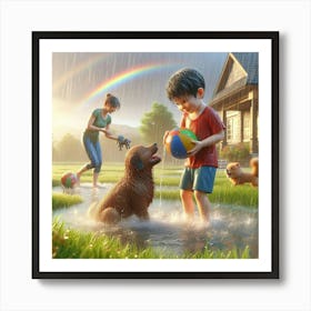 Children Playing In The Rain Art Print