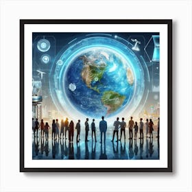 Group Of People Standing In Front Of The World Art Print