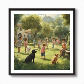 Children, cats and dogs playing Art Print