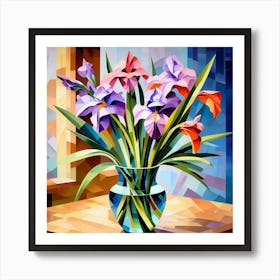 Cubism Art, Irises flowers in a vase 2 Art Print