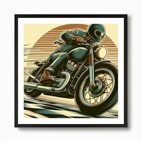 A Guy Riding A Motorcycle Fast Around A Curve Retro Art Stlye Art Print