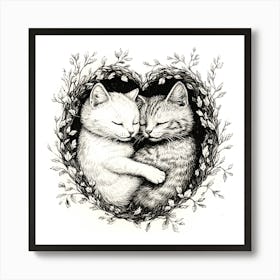 Delicate Ink Drawing of Cats Love Heart 6 Art Print