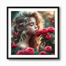 Roses And Butterflies 1 Art Print