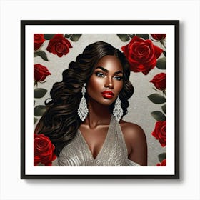 Black Woman With Red Roses Art Print