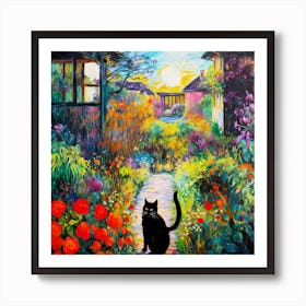 Black Cat In Monet Garden 1 Art Print