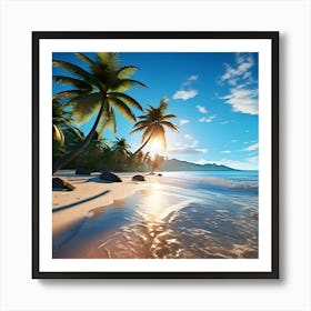 A Serene Beach Scene With Palm Trees Swaying In The Breeze Art Print