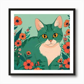 Green Cat In Flowers 1 Art Print