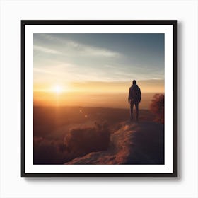 Man Standing On Top Of Mountain At Sunset Art Print