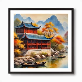 Chinese House By The River Art Print