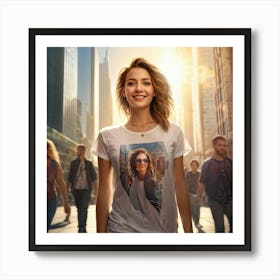 Confident Young Woman Smiling Radiantly Dressed In A Trendy T Shirt Stands At The Center Of A Bus (4) Art Print