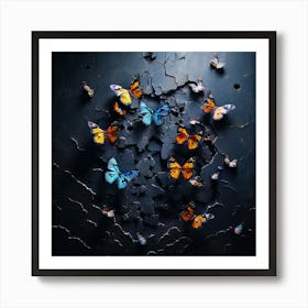 Butterfly - Butterfly Stock Videos & Royalty-Free Footage, Butterflies In A Brick Wall, Butterflies Emerging From A Cracked Dark Wall Representing Transformation And Hope Art Print