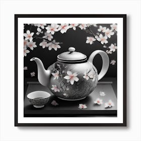 Firefly An Intricate Beautiful Japanese Teapot, Modern, Illustration, Sakura Garden Background 35390 Art Print