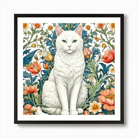 White Cat In Flowers william morris inspired Art Print