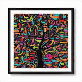 An Image Of A Tree With Letters On A Black Background, In The Style Of Bold Lines, Vivid Colors, Gra (3) Art Print