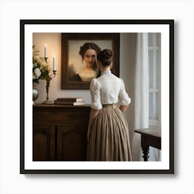 Contemplative Woman At Sideboard Vintage Interior Oil Painting Poster