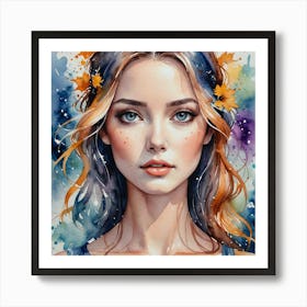 Watercolor Of A Girl With Flowers Poster