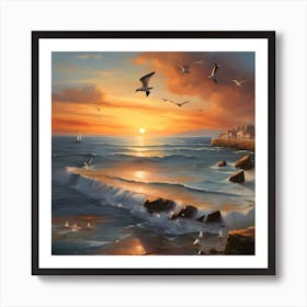 Seagulls At Sunset Poster