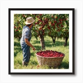 Farmer Picking Cherries In The Orchard Art Print