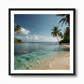 A Tranquil Beach With Crystal Clear Water And Palm Trees Swaying In The Breeze Art Print