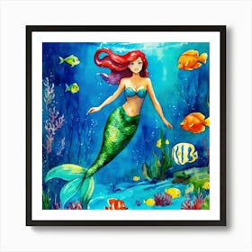 Painting The Little Mermaid Swimming In The Ocean (2) Art Print