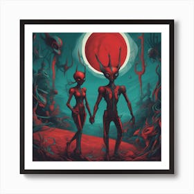 Alien Couple Painted To Mimic Humans, In The Style Of Surrealistic Elements, Folk Art Inspired Illu (3) Art Print